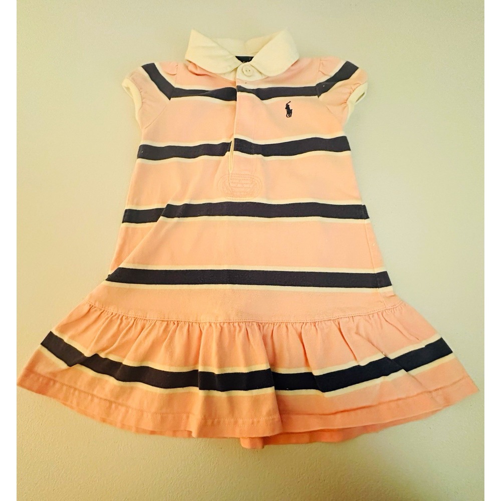 Ralph Lauren Girls 18M  Pink/Navy Striped Polo Dress & Bloomers Set